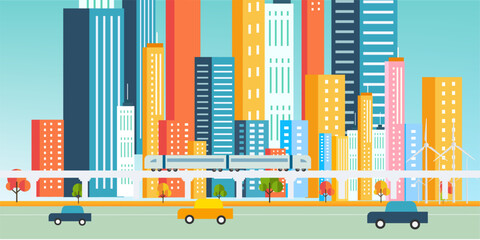 abstract city skyline with smart transport, subway, carbon free life