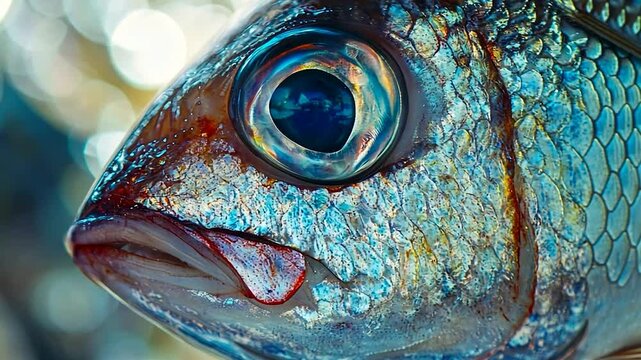 Close-up of a fish's head, vibrant scales, and eye, blurred bokeh background