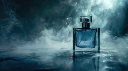 Stylish blue perfume bottle against smoky background