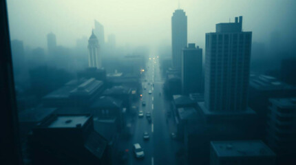 A cinematic photograph of a city, rendered with a soft focus and hazy background, creating an eerie, creepy atmosphere. Soft haze and dark tones enhance the unsettling details.jpg
