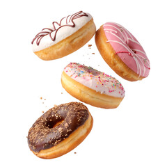 3 donuts falling isolated on white background