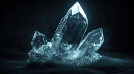 Fototapeta premium Mystical Clear Quartz Crystals Illuminated in Dark Environment with Glowing Edges