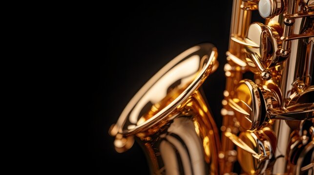 Fototapeta Close-up of a Gleaming Gold Saxophone Against a Black Backdrop