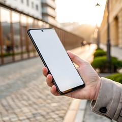 close-up of a girl holding a black phone in daylight. background blur, near the street, road, town area. or city area,.