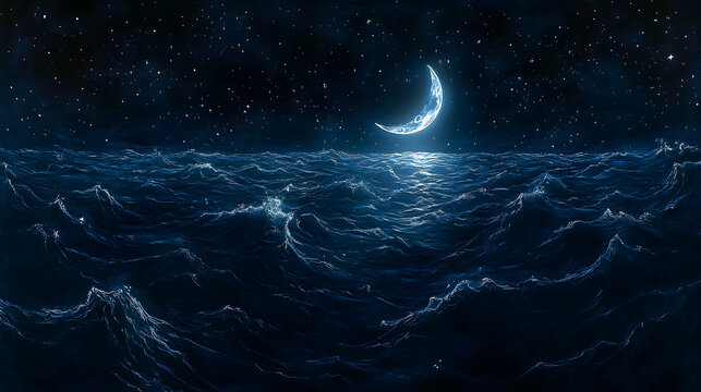 Digital artwork of a crescent moon over a wavy ocean, with a reflection. This image is an example of AI-generated content from Adobe Stock.