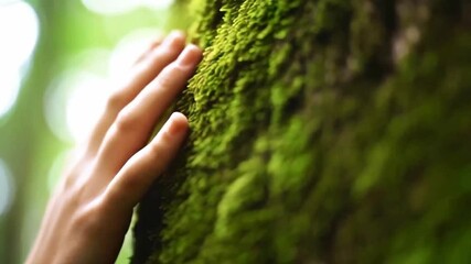 Cinematic close up of woman  hand gently touching moss on tree bark, connecting to nature through soft textures, mindfulness, environment care, forest healing therapy concept video