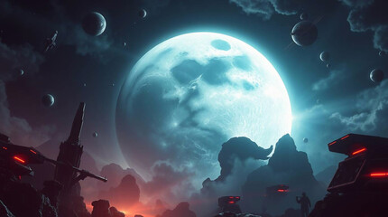Fototapeta premium Epic scene of a massive moon with modern future elements, dramatic lens glow lighting, heroic scale, and dynamic composition.jpg