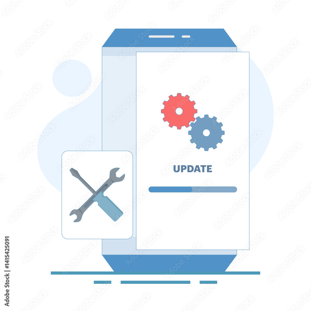 Poster repair and update concept, system software update, data update, loading update process on smartphone