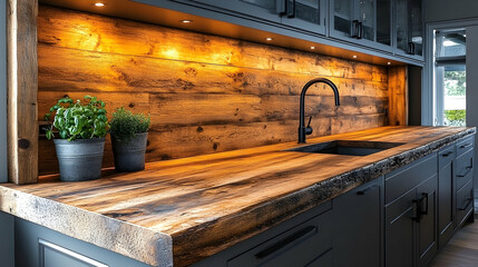 Rustic charm fills this kitchen featuring wooden counter and backsplash paired with grey cabinets and stainless steel s