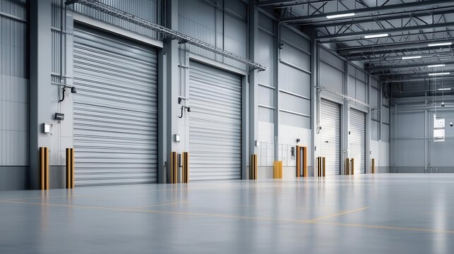 Industrial warehouse with large automatic rolling doors and advanced security monitoring system, restricted access zone