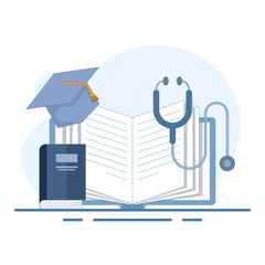 Medical education concept. literacy hat open page book stethoscope. Medical Professionals in Healthcare Environment and Settings. isolated white background with flat color style.
