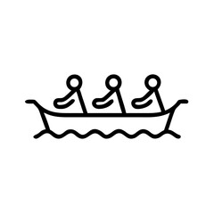Three people rowing in a boat with wavy water background  