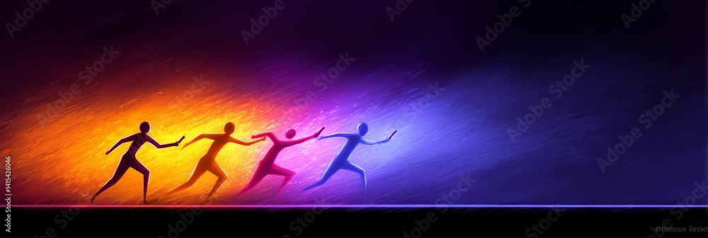 Poster passing the torch of progress - four stylized figures in vibrant colors pass a symbolic torch, repre
