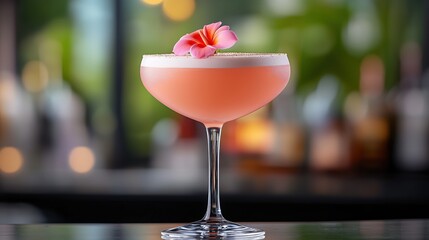 Refreshing pink cocktail with flower garnish served in elegant glass at a vibrant bar setting