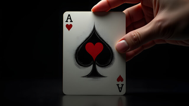 An Ace of Spades flips to become the Ace of Hearts, ambigram magic. Reflective table, noir lighting. Seamless 8K illusion.