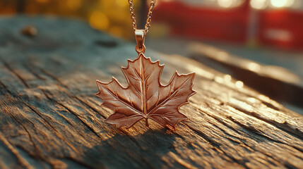 Glowing maple leaf pendant on rustic wood, warm sunlight and soft bokeh, embodying Canadian pride and serenity.