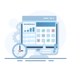 Scheduled Appointment Time Concept. Calendar with Clock. Activity planner and schedule. Additional planner, emphasizing organized time management. Flat Design Illustration in Background.