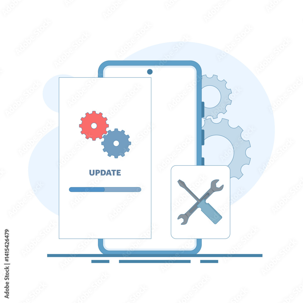 Poster repair and update concept, system software update, data update, loading update process on smartphone