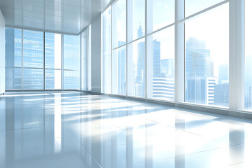 Fototapeta premium An empty, modern office space bathed in natural light from expansive windows offers a serene and minimalist environment with panoramic cityscape views.