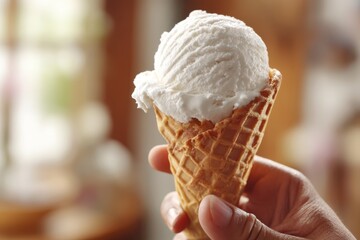 Vanilla Ice Cream Cone: A close-up captures a single scoop of creamy vanilla ice cream nestled perfectly in a crispy waffle cone, inviting indulgence and sweet satisfaction.