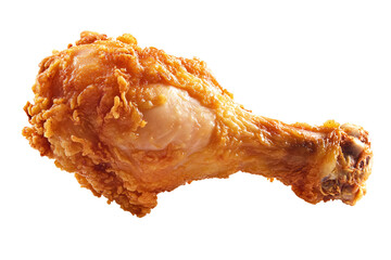 A crispy, golden-brown fried chicken drumstick, a tempting culinary delight with a crunchy texture and juicy meat, isolated on a white background.
