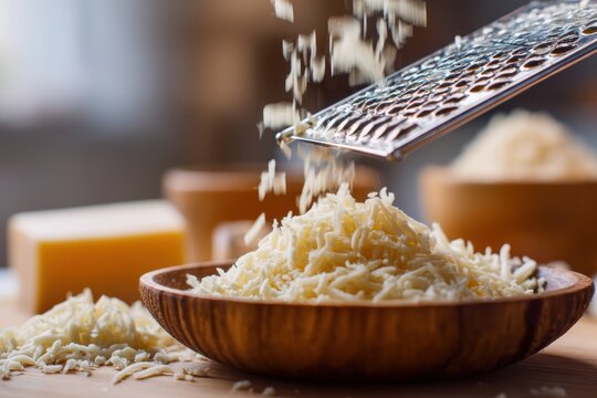 Grating Parmesan Cheese: Close-up shot of parmesan cheese being grated, with freshly grated cheese falling into a wooden bowl. - Powered by Adobe