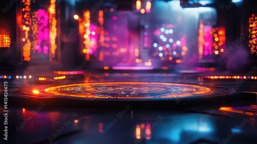 Poster futuristic ai-generated control room with holographic interfaces, glowing buttons, and robots operat