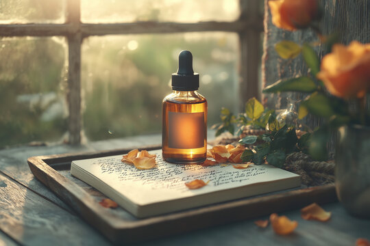 Aromatic oil bottle with rose petals on an open book by window  