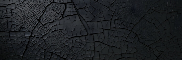 Abstract black background. Cracked paint texture. Dark background with cracks with copy space for design. Web banner. 