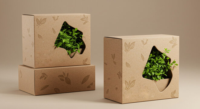 Cardboard box with recycle symbol and green bow
