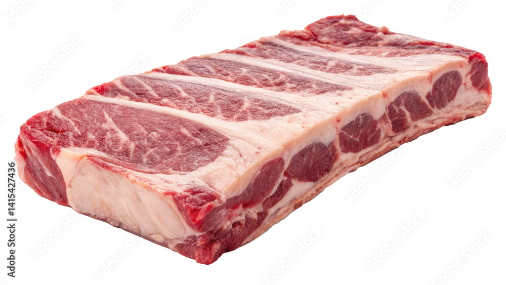 Poster raw beef ribs with bone and fat are displayed, showcasing marbled texture and fresh quality, ideal f