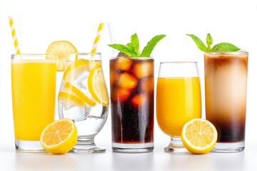 Fototapeta premium Refreshing Summer Beverages - A selection of iced drinks, including orange juice, lemon water, cola, and iced coffee, garnished with lemon and mint. Perfect for a hot summer day
