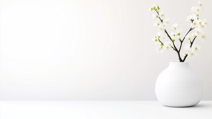 Simple, elegant floral arrangement. White blossoms in a round vase against a plain white backdrop