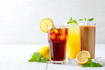 Refreshing Summer Drinks: Iced Coffee, Lemonade, and Cola - Cool summer beverages; iced coffee, lemonade, and cola. Symbolizing refreshment, relaxation, sunshine, summer fun, and thirst quenching