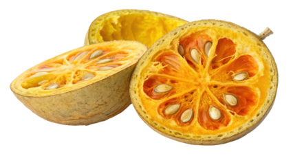 Cracked open bael fruit with vibrant orange pulp and seeds, isolated on transparency background, showcasing its unique texture and natural appeal