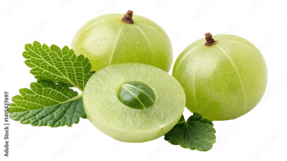 Poster fresh indian gooseberries with light green tone are isolated on transparency background, showcasing 