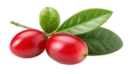 Two vibrant red miracle fruits with glossy green leaves are isolated transparency background, showcasing their smooth texture and natural shine. These berries are known for their unique taste