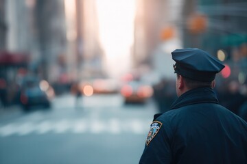 police officer stands on bustling city street their figure prominent as urban life blurs into background