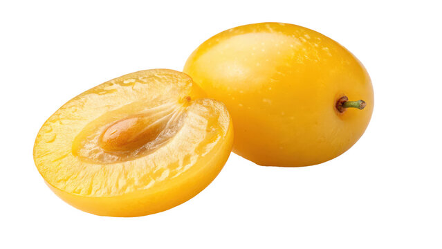 Yellow nance fruit, small and juicy, isolated on transparency background. fruit is halved, revealing its seed and moist interior, showcasing its fresh and vibrant appearance