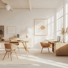 Fototapeta premium A minimalist, light-filled workspace with warm wooden tones.
