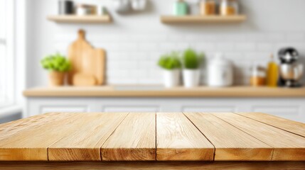 Rustic Kitchen Tabletop Display - Empty wooden table in front of a blurred kitchen background, ideal for product placement or food