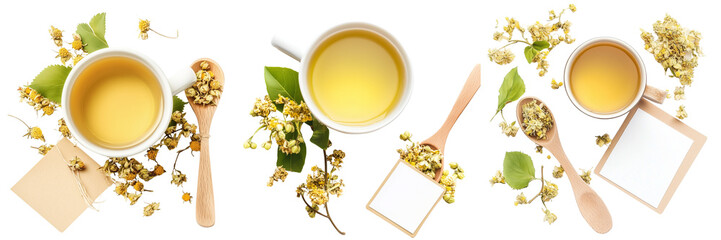 Set of Flat lay of herbal tea with two white tea cups, a teapot, and fresh green tea leaves on a rustic wooden table on transparent png background. Ai generated