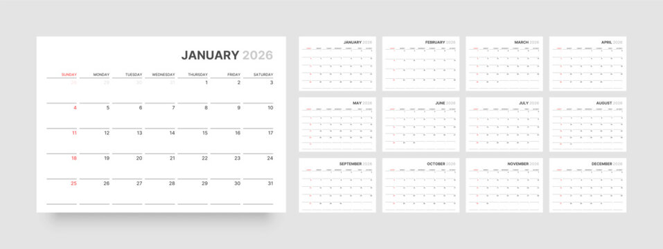 Monthly calendar layout for 2026 year. Diary planner for 2026 year. Week Starts on Sunday. 
