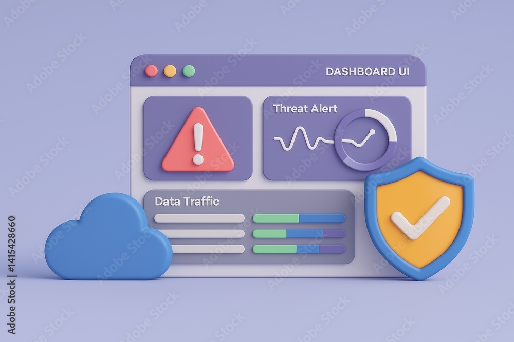 Poster cybersecurity dashboard: a 3d-rendered cybersecurity dashboard showcasing data protection with a shi