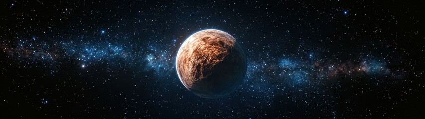 Obraz premium A vibrant planet shines against a breathtaking panorama of the vast, starry cosmos in deep space.