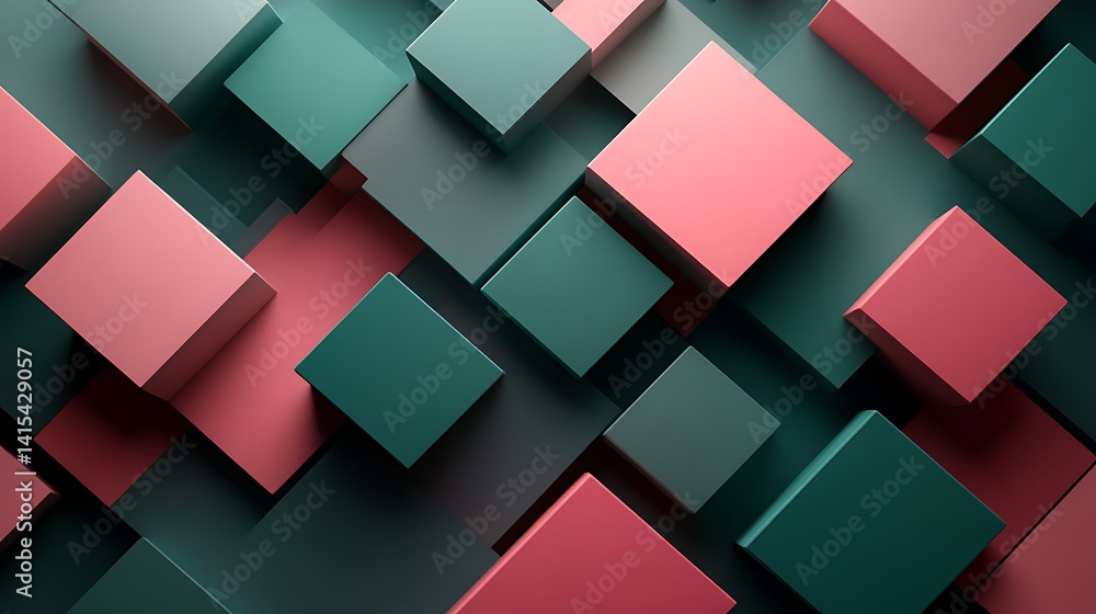 Aufkleber abstract 3d cubes in red and teal, abstract 3d cubes in red and teal with a textured surface