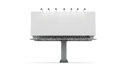 Blank billboard on a single pole, illuminated, isolated on white, frontal view.