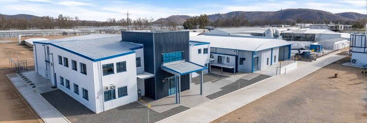 Secure Almond Processing Plant Aerial View - Modern facility, showcasing almond processing, research, and storage. Symbolizing efficiency, quality, nutrition, sustainability, and innovation