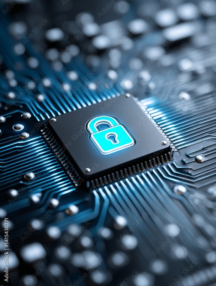 Poster secure data protection technology - glowing padlock icon on a microchip circuit board, representing 