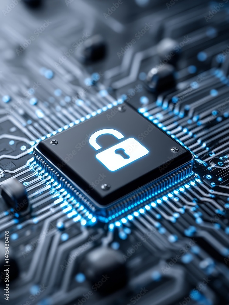 Aufkleber security chip - close-up of a microchip with a glowing padlock icon, symbolizing data protection and